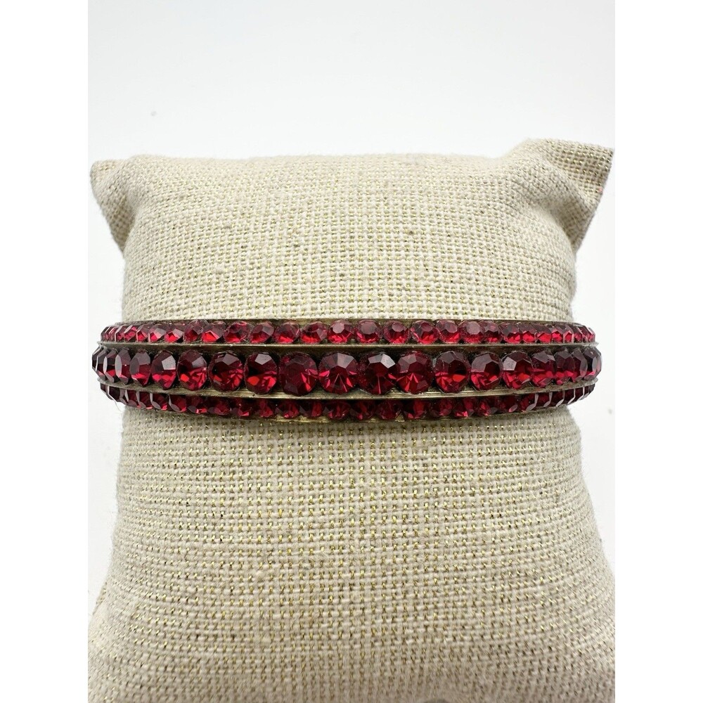 Vintage Solid Brass Rhinestone Bangle Bracelet Red Holiday Christmas Theme 7.75โ